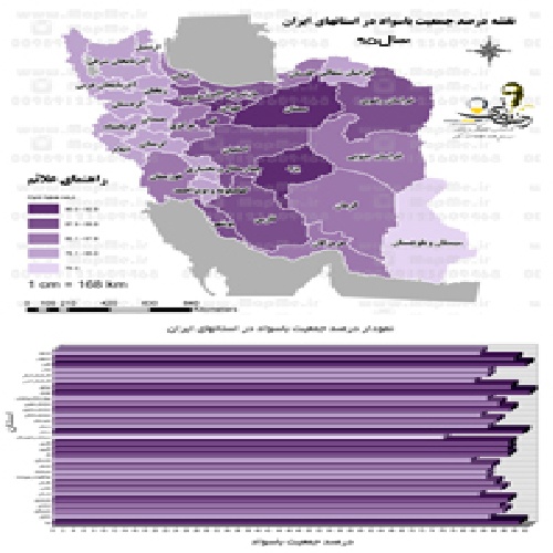  نقشه درصد جمعیت باسواد ایران به تفکیک استان به همراه نمودار سال 95