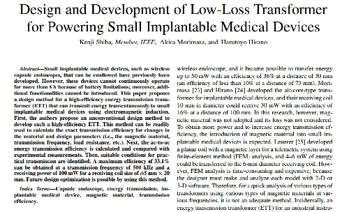  طراحی و توسعه ترانسفورماتور با اتلاف کم برای تامین انرژی دستگاه های پزشکی قابل کاشت کوچک 