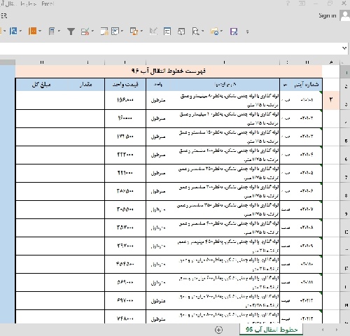  فهرست بهای انتقال آب با فرمت اکسل سال 96