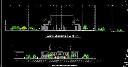  فایل اتوکد طراحی مسجد بزرگ همراه با سایت پلان، برش ها، نماها و جزئیات اجرایی