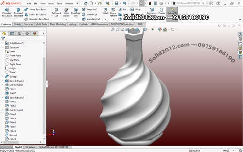  آموزش پیشرفته سالیدورک solidworks  طراحی جام پیچ خورده