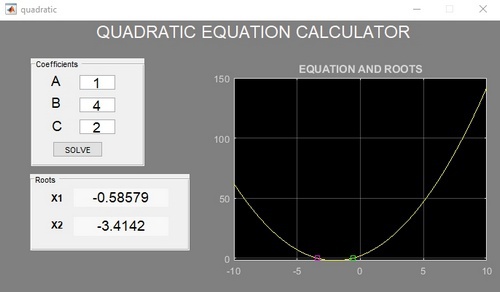  کد متلب پیدا کردن ریشه های معادله درجه دو به صورت GUI