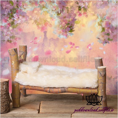  بک دراپ نوزاد تخت خواب چوبی و شکوفه های صورتی  -کد 1216