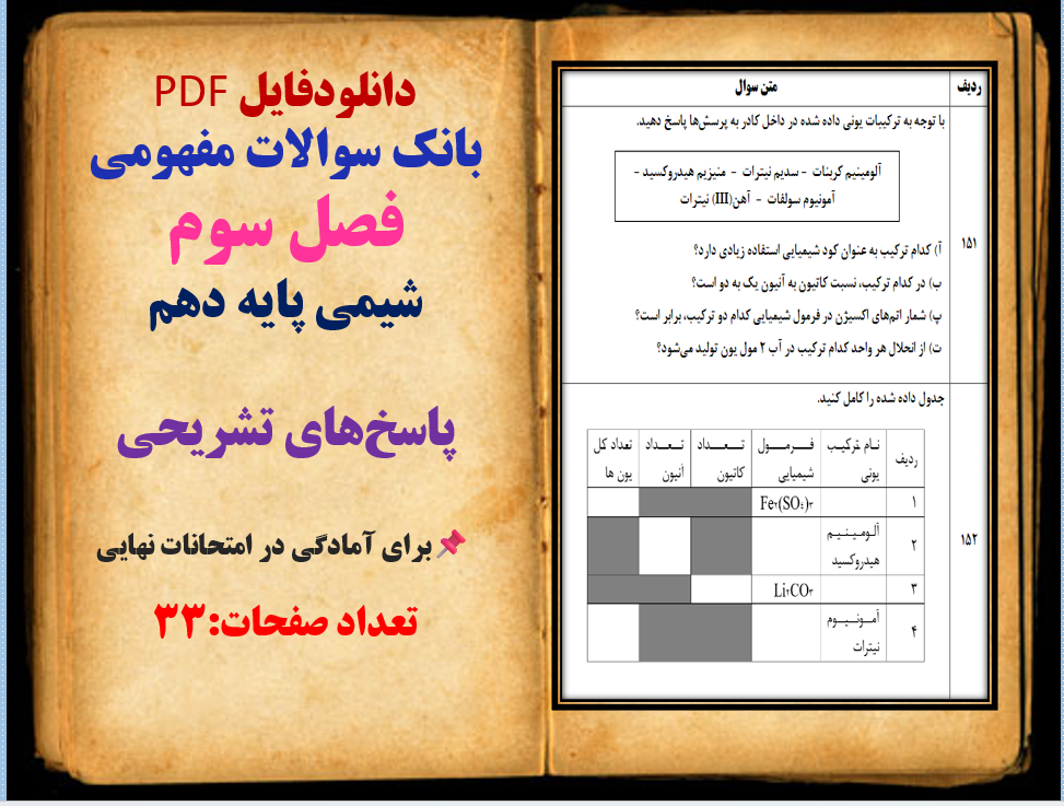 بانک سوالات مفهومی فصل سوم شیمی پایه دهم  پاسخ های تشریحی  برای آمادگی در ا