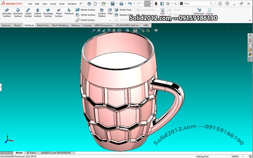  آموزش پیشرفته سالیدورک solidworks طراحی لیوان شیشه ای دسته دار