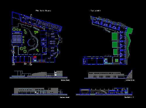  فایل اتوکد طراحی مدرسه همراه با پلان های مبلمان شده، مقاطع و نماها